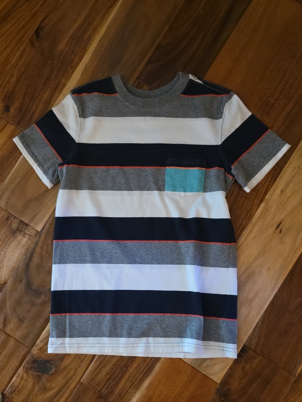 Cherokee Striped Short Sleeve Tee with Aqua Pocket - Gray, White & Navy
